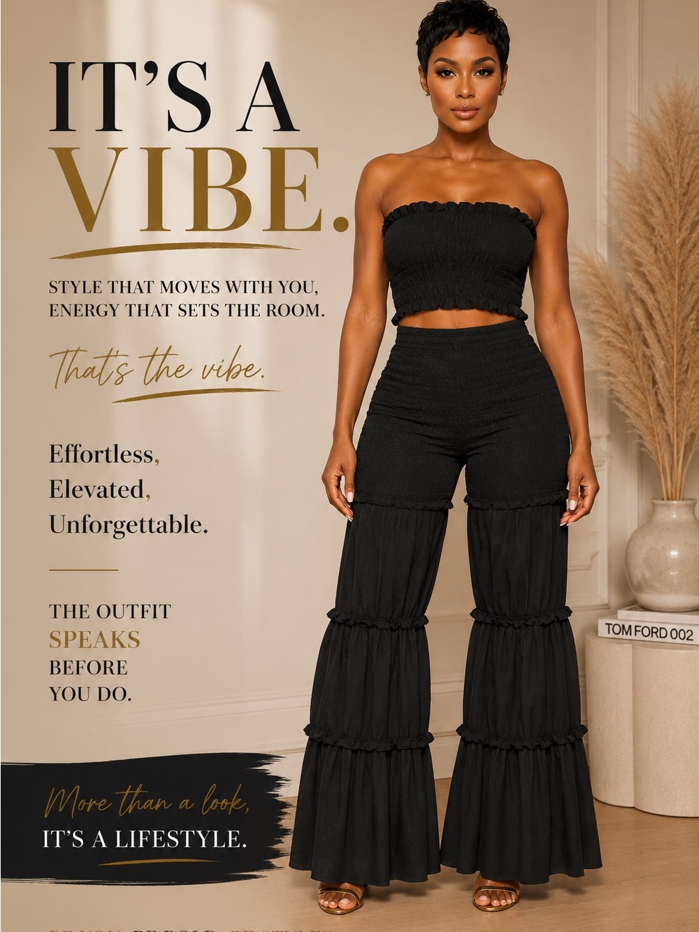 Women's Black Smocked Wide Leg Tiered Pant Set